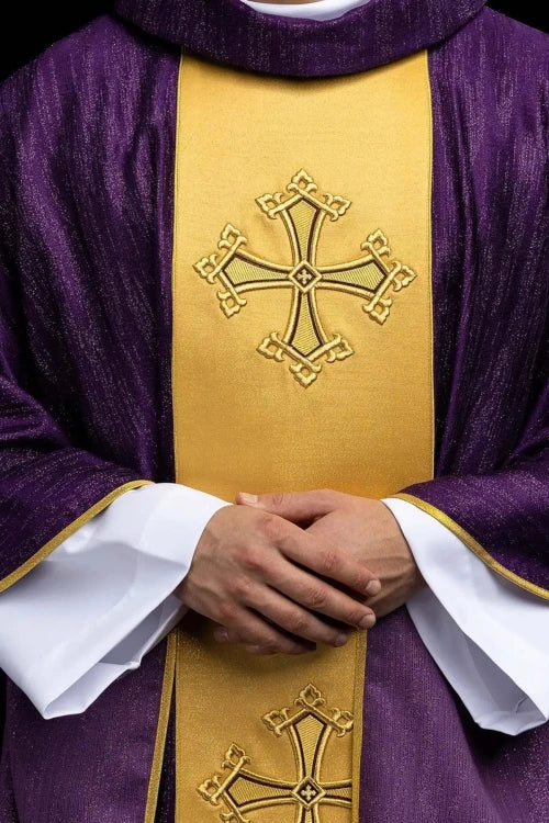 Purple Chasuble with embroidered cross on decorative fabric - gallery view 1