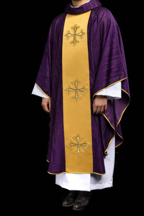 Purple Chasuble with embroidered cross on decorative fabric - gallery view 2