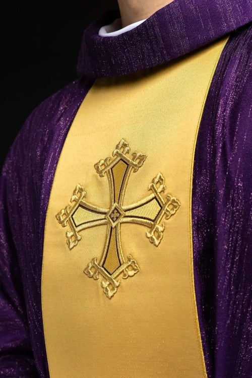 Purple Chasuble with embroidered cross on decorative fabric - gallery view 3
