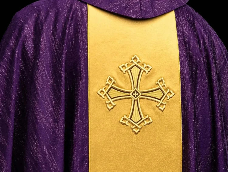 Purple Chasuble with embroidered cross on decorative fabric - gallery view 5