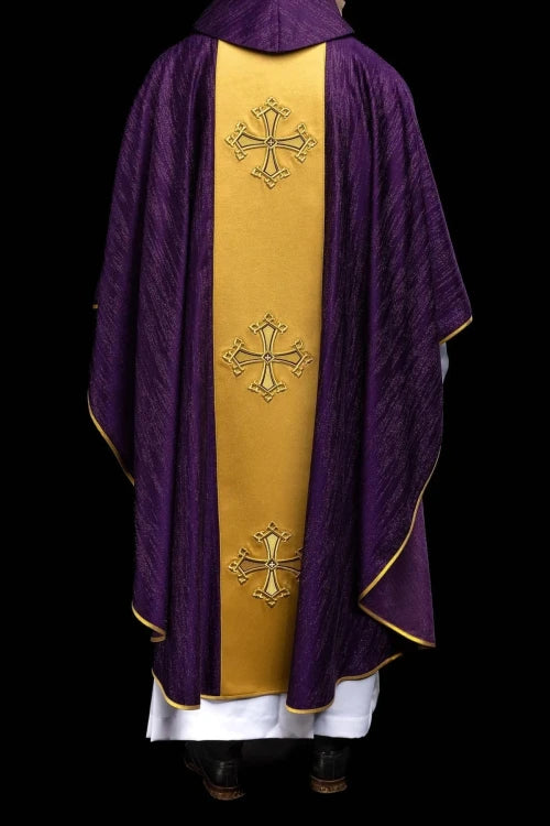 Purple Chasuble with embroidered cross on decorative fabric - gallery view 6