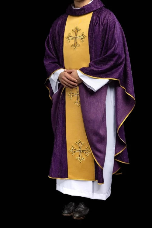 Purple Chasuble with embroidered cross on decorative fabric - gallery view 7