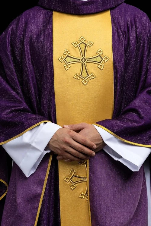 Purple Chasuble with embroidered cross on decorative fabric - gallery view 8