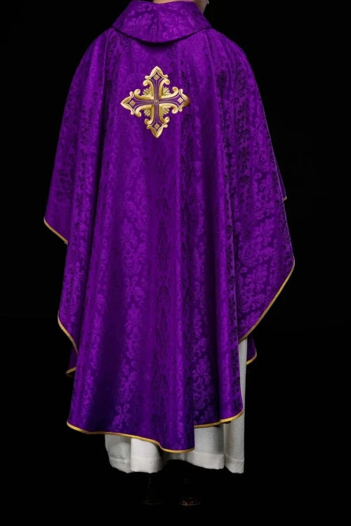 Purple Chasuble with embroidered cross on patterned fabric - gallery view 7