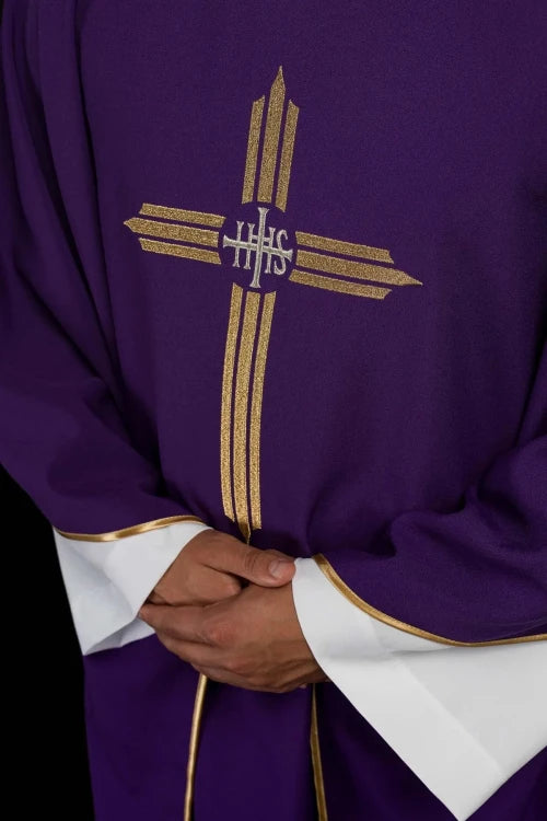 Purple Chasuble with embroidered IHS cross - gallery view 3