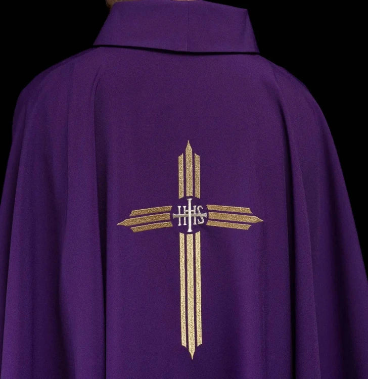 Purple Chasuble with embroidered IHS cross - gallery view 6