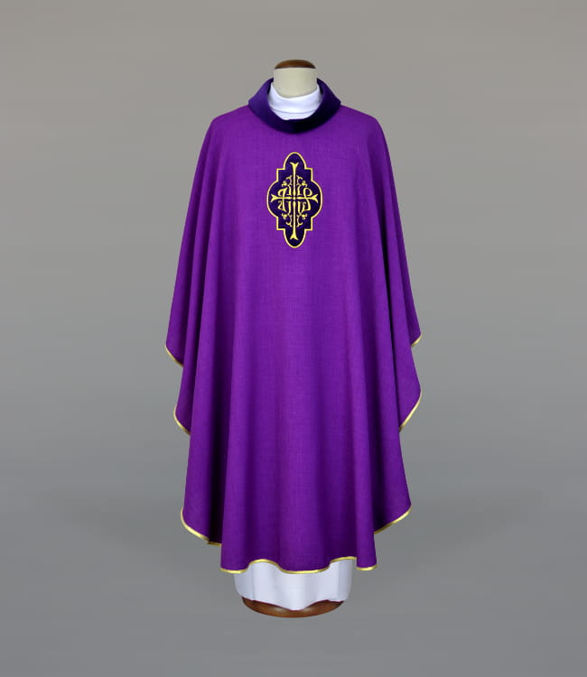 Purple Chasuble with embroidery and velvet appliqués - gallery view 1