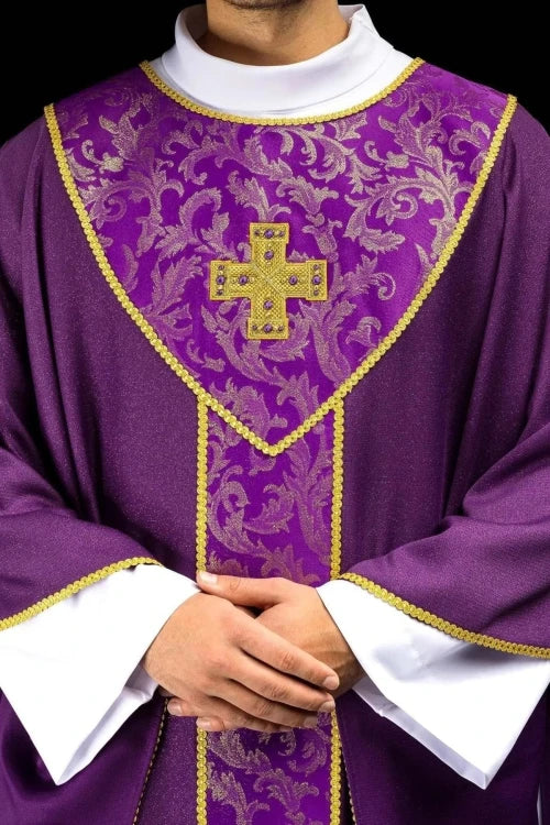 Purple Chasuble with gold cross embroidery and jacquard fabric - Variant I - gallery view 1
