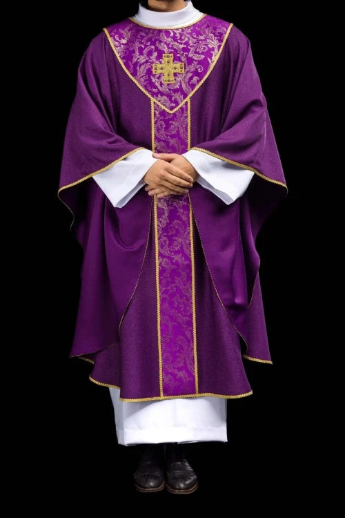 Purple Chasuble with gold cross embroidery and jacquard fabric - Variant I - gallery view 2