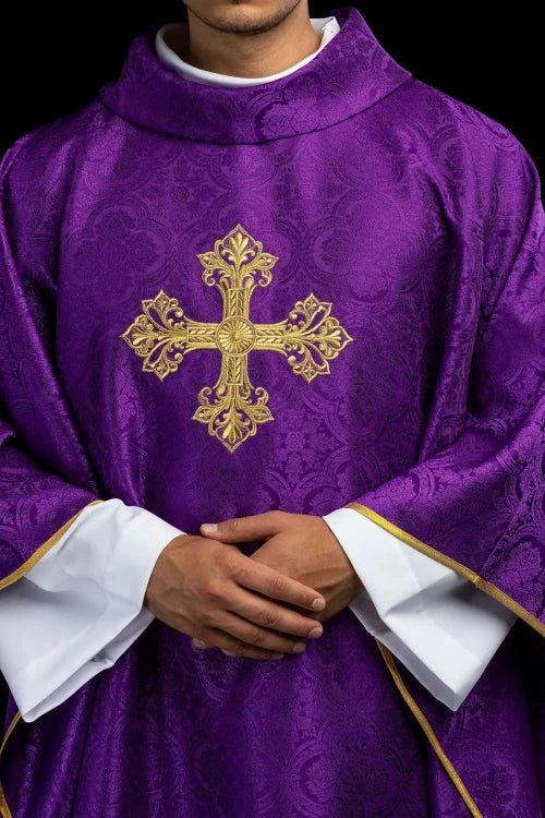 Purple Chasuble with gold cross embroidery and jacquard fabric - Variant II - gallery view 1