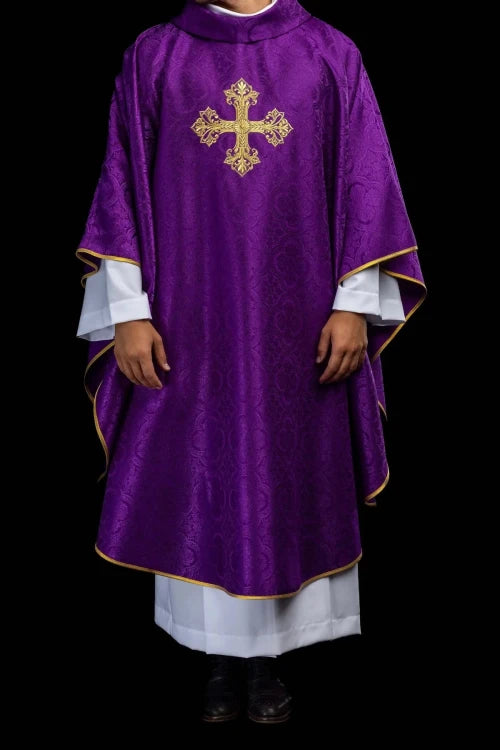 Purple Chasuble with gold cross embroidery and jacquard fabric - Variant II - gallery view 2