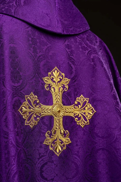 Purple Chasuble with gold cross embroidery and jacquard fabric - Variant II - gallery view 7
