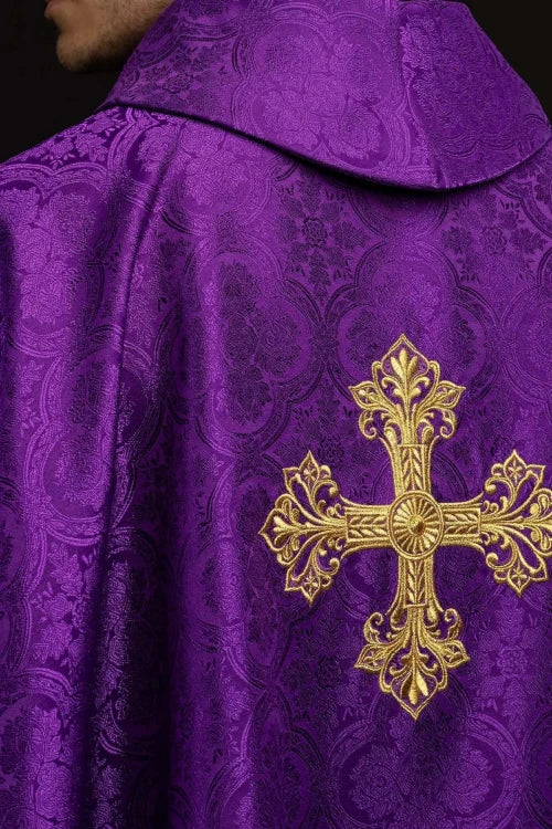 Purple Chasuble with gold cross embroidery and jacquard fabric - Variant II - gallery view 8