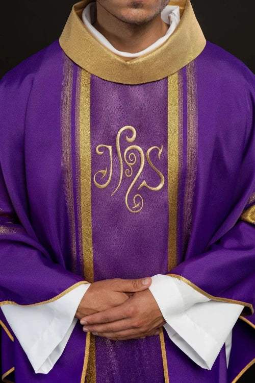 Purple Chasuble with gold IHS embroidery - Variant V - gallery view 3