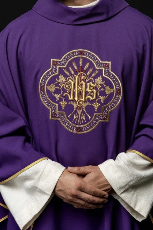 Purple Chasuble with IHS and PAX embroidery - gallery view 1