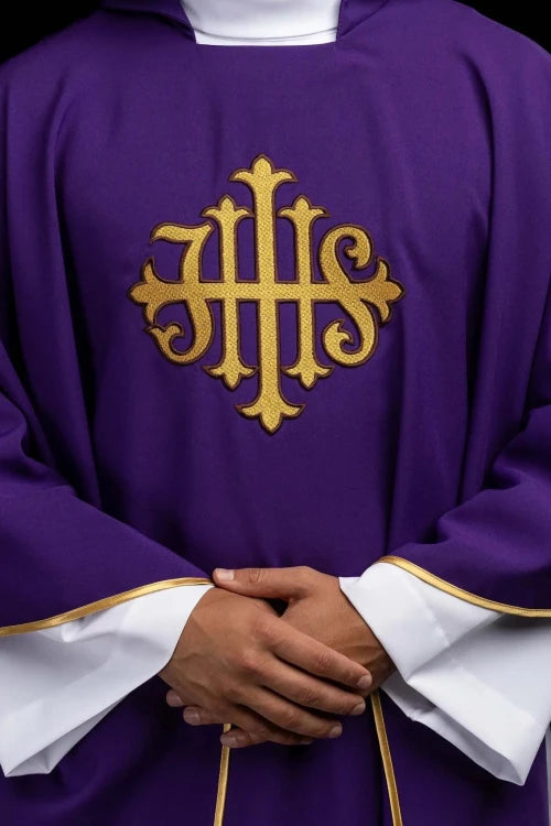 Purple Chasuble with IHS embroidery and wide collar - gallery view 1