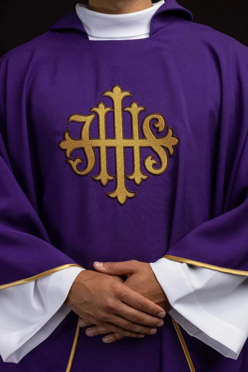 Purple Chasuble with IHS embroidery and wide collar - gallery view 3