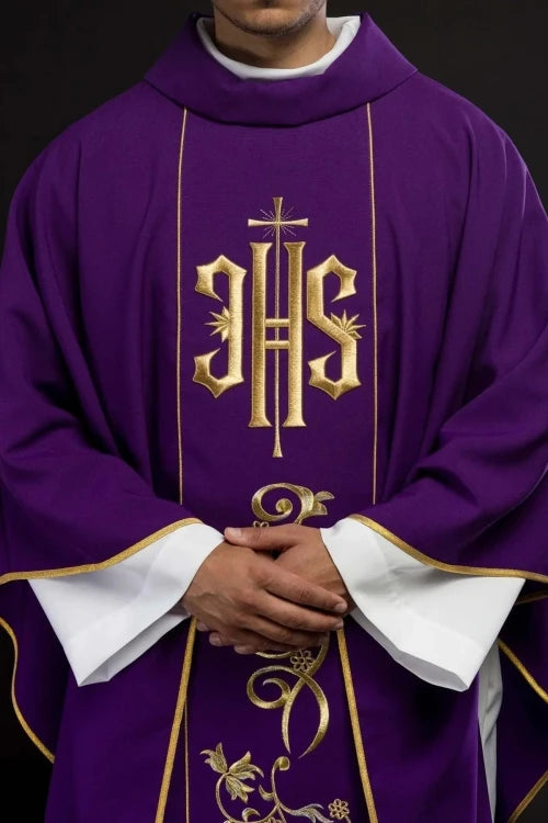 Purple Chasuble with IHS embroidery and wide decorative band - gallery view 1