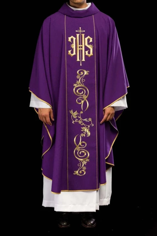 Purple Chasuble with IHS embroidery and wide decorative band - gallery view 2