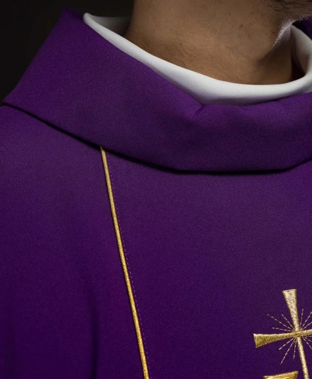 Purple Chasuble with IHS embroidery and wide decorative band - gallery view 4