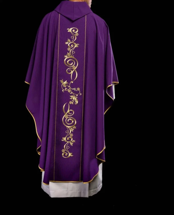 Purple Chasuble with IHS embroidery and wide decorative band - gallery view 5