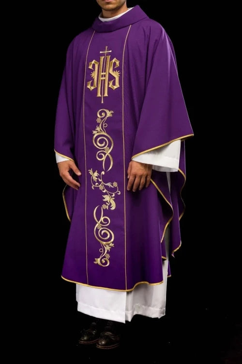 Purple Chasuble with IHS embroidery and wide decorative band - gallery view 6