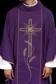 Purple Chasuble with IHS embroidery and wide decorative band - Variant I - gallery view 1