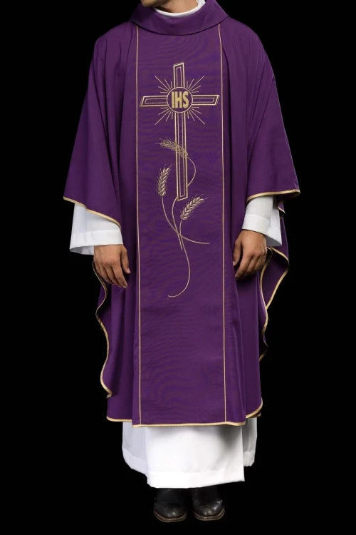 Purple Chasuble with IHS embroidery and wide decorative band - Variant I - gallery view 2