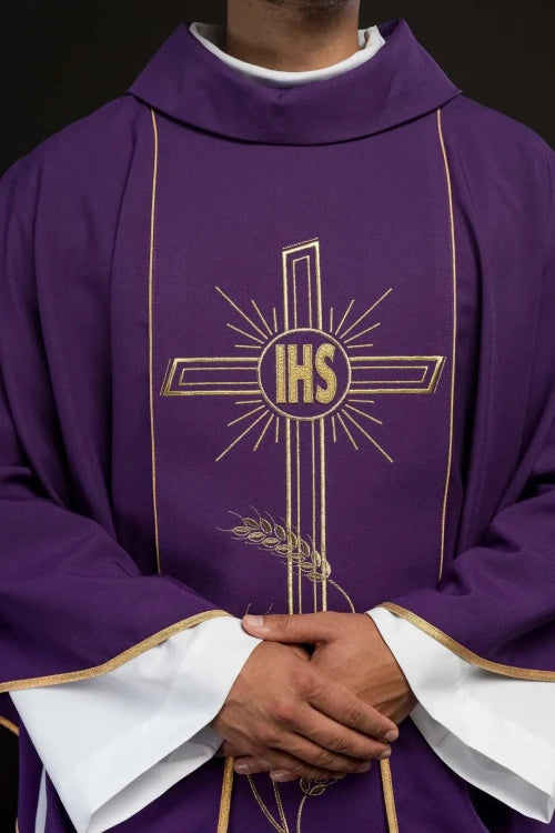 Purple Chasuble with IHS embroidery and wide decorative band - Variant I - gallery view 3
