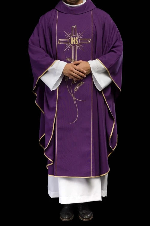 Purple Chasuble with IHS embroidery and wide decorative band - Variant I - gallery view 8