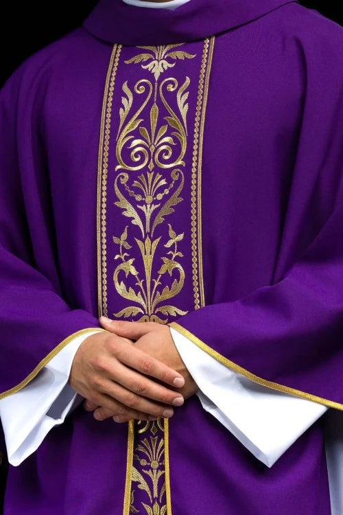 Purple Chasuble with IHS embroidery and wide decorative band - Variant II - gallery view 1
