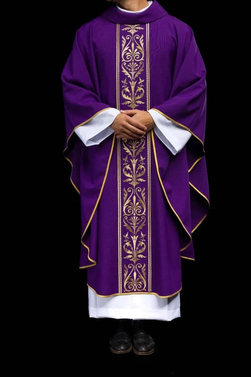 Purple Chasuble with IHS embroidery and wide decorative band - Variant II - gallery view 2