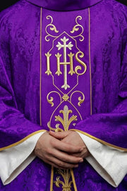 Purple Chasuble with IHS embroidery on decorative fabric - gallery view 1
