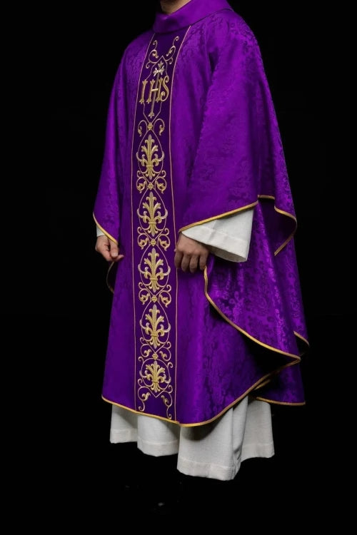 Purple Chasuble with IHS embroidery on decorative fabric - gallery view 2