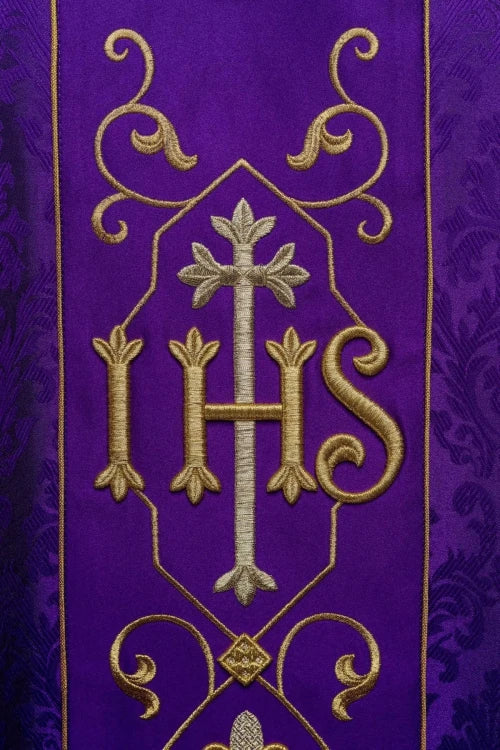 Purple Chasuble with IHS embroidery on decorative fabric - gallery view 3
