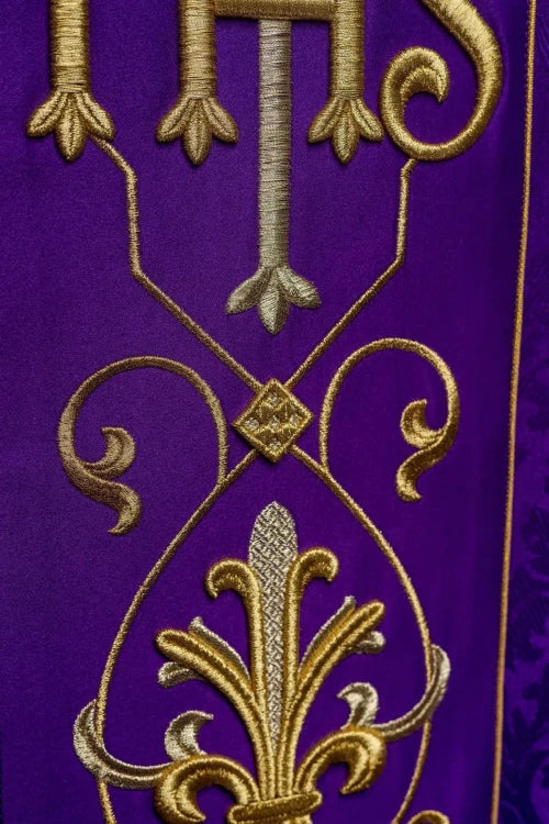 Purple Chasuble with IHS embroidery on decorative fabric - gallery view 4