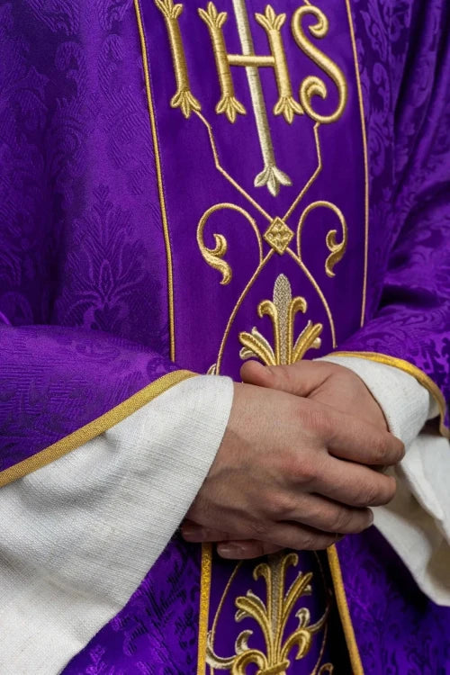 Purple Chasuble with IHS embroidery on decorative fabric - gallery view 5