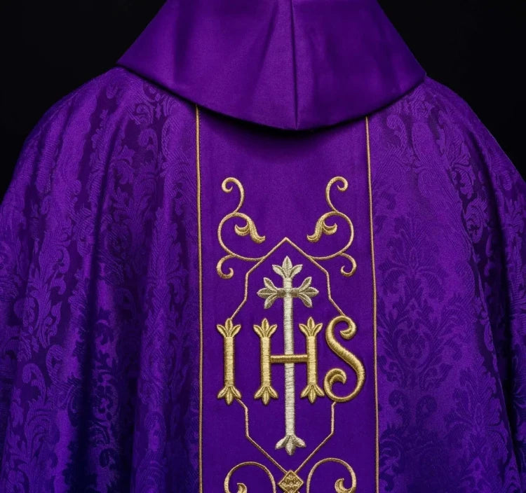 Purple Chasuble with IHS embroidery on decorative fabric - gallery view 6