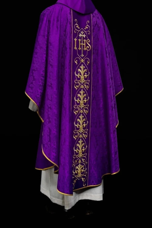 Purple Chasuble with IHS embroidery on decorative fabric - gallery view 7