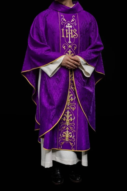 Purple Chasuble with IHS embroidery on decorative fabric - gallery view 8
