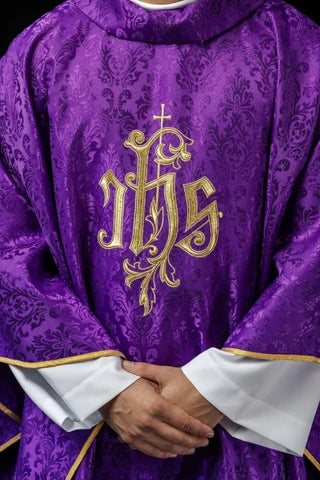 Purple Chasuble with IHS embroidery on decorative fabric - Variant I - gallery view 1
