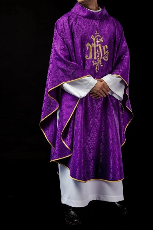 Purple Chasuble with IHS embroidery on decorative fabric - Variant I - gallery view 2