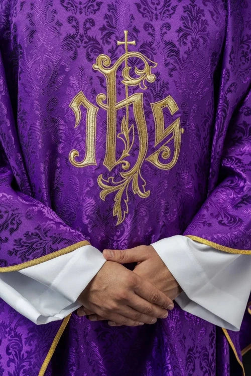 Purple Chasuble with IHS embroidery on decorative fabric - Variant I - gallery view 3
