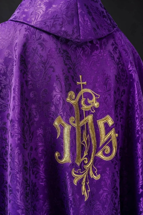 Purple Chasuble with IHS embroidery on decorative fabric - Variant I - gallery view 5