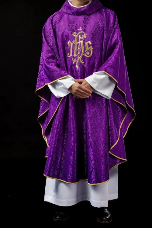 Purple Chasuble with IHS embroidery on decorative fabric - Variant I - gallery view 6