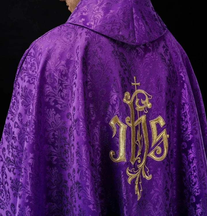 Purple Chasuble with IHS embroidery on decorative fabric - Variant I - gallery view 7