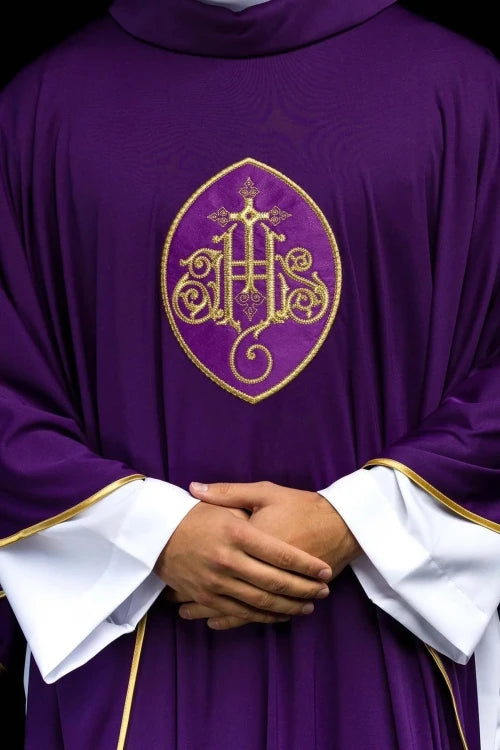 Purple Chasuble with IHS embroidery on lightweight SACROLITE knit - gallery view 1
