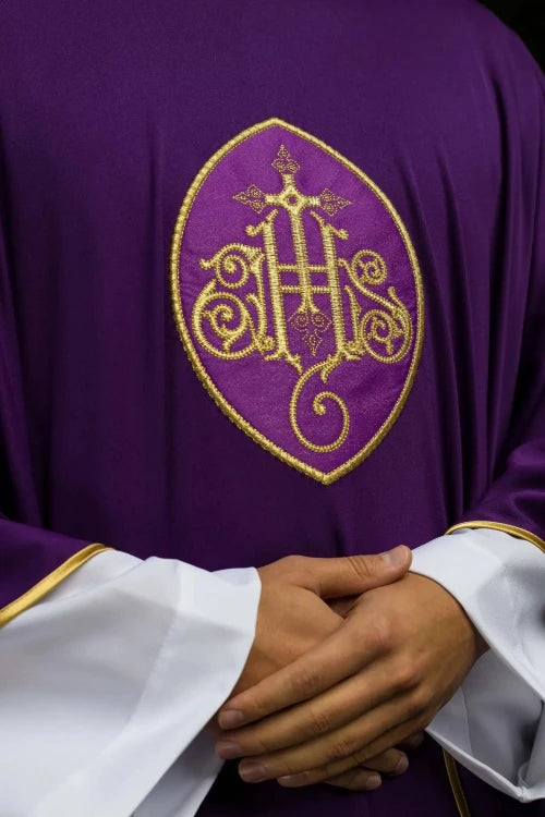 Purple Chasuble with IHS embroidery on lightweight SACROLITE knit - gallery view 3