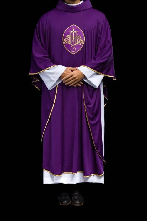 Purple Chasuble with IHS embroidery on lightweight SACROLITE knit - gallery view 9