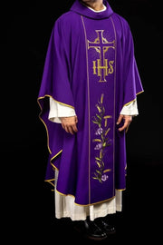 Purple Chasuble with IHS, wheat and decorative band - gallery view 1